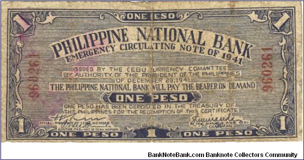 S-215 Cebu 1 Peso note. Will trade this note for Philippine notes I don't have. Banknote