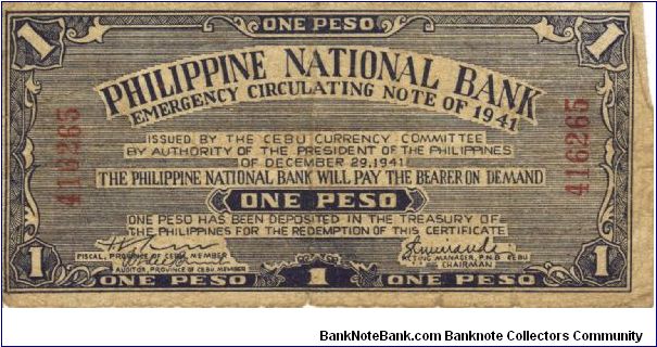 S-215 Cebu 1 Peso note. Will trade this note for Philippine notes I don't have. Banknote