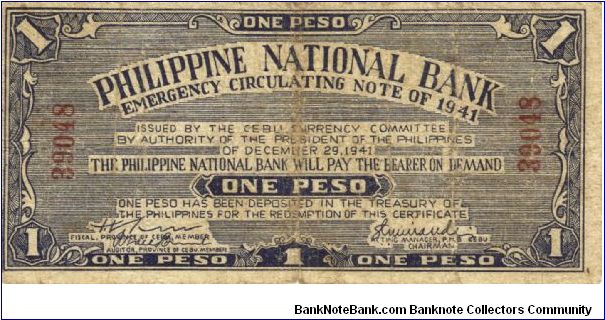 S-215 Cebu 1 Peso note. Will trade this note for Philippine notes I don't have. Banknote