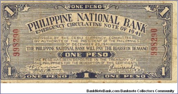 S-215 Cebu 1 Peso note. Will trade this note for Philippine notes I don't have. Banknote