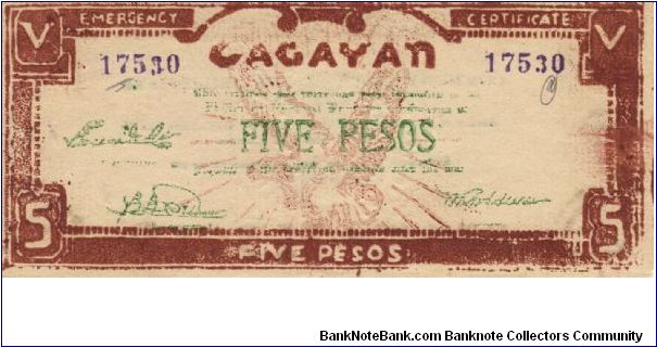 S-191a Cagayan 5 Pesos note. Will trade this note for Philippine notes I don't have. Banknote