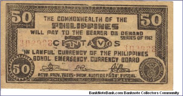 S-134e Bohol 50 Centavos note. Will trade this note for Philippine notes I don't have. Banknote