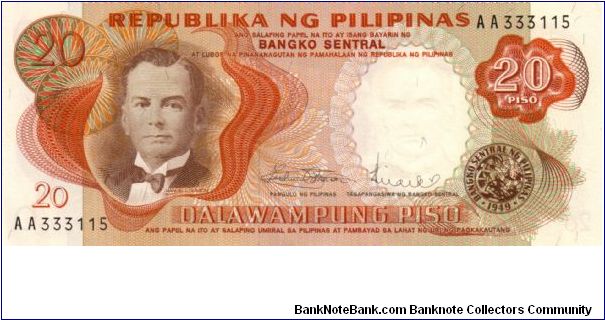1st PINOY SERIES 18a (p145b) Marcos-Calalang AA333115 (Last Prefix) Banknote