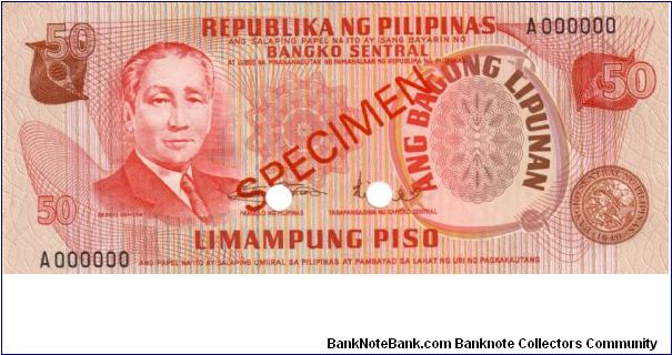 1st A.B.L. SERIES 29S2 (p156s2) Marcos-Licaros A000000 (Specimen) Banknote