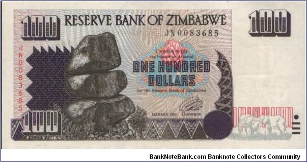 100 Dollars, Reserve Bank Of Zimbabwe.(O)Chiremba Balancing Rocks(R)Kariba Dam. Banknote