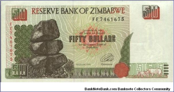50 Dollars, Reserve Bank Of Zimbabwe.(O)Chiremba Balancing Rocks(R)Ruins. Banknote
