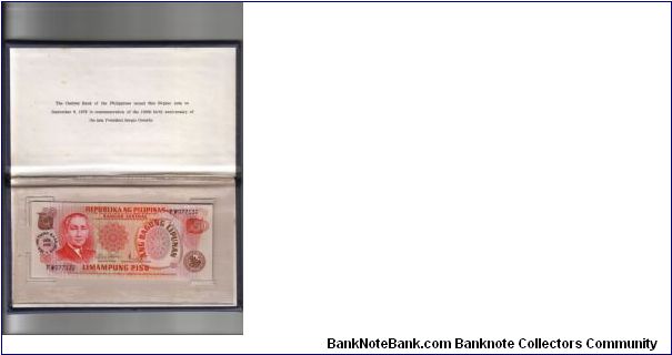 2nd A.B.L. SERIES 36P (pN/L) 1978 Osmena Birth Centennial in BSP Folder  Marcos-Licaros FW011907 (Presentation) Banknote