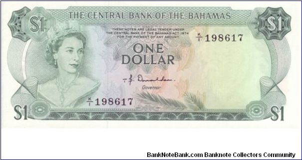 Bahamas, $1.

This note has an outstanding amount of colours on the reverse side, a real contrast to the obverse Banknote