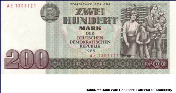 East Germany, 200 Marks note dating from 1985 showing a family & then modern Tower Block Banknote