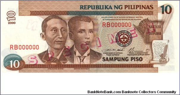 DATED SERIES 52S2 1999 Estrada-Singson (Double Wmk) RB000000 (Specimen) Banknote