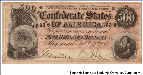CSA $500 Type 64 Cr-489  B 15036 Gen.T.J.Jackson & CSA Coat of Arms  Reg.W.Miller Treas.J.C.Joplin Banknote