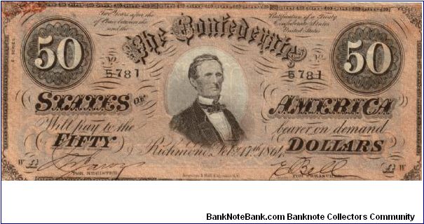 CSA $50 Type 66  Cr-497 Series II  A 5781        President Jefferson Davis Reg.Miss M.F.Javis Treas.Miss E.M.Bell Banknote