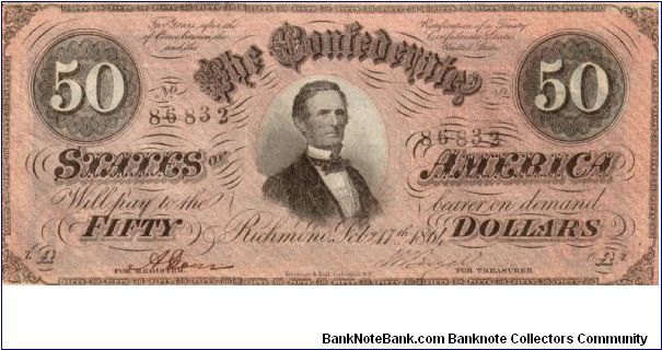CSA $50 Type 66 Cr-500 No Series  A 86832   President Jefferson Davis Reg.Miss S.A.Doar Treas. -- Banknote