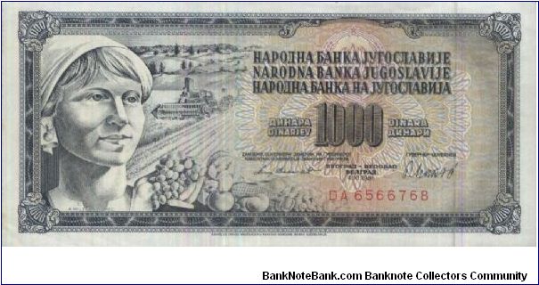 1000 Dinara Dated 4 November 1981.
Obverse:woman Reverse:Fruits
Watermark:Yes Banknote