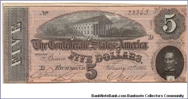 CSA $5 Type 69  Cr-563 (Series 5) D 51418           Richmond Va. & C.G.Memminger Reg. -- Treas. -- Banknote