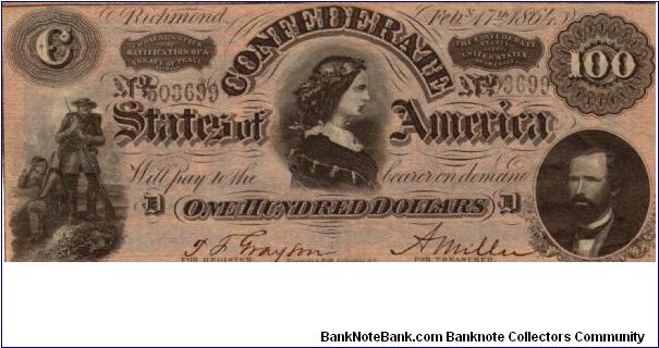 CSA $100 Type 65 CT-65/492 D 503699            Havana Counterfiet      Reg.T.Fitzhugh Grayson  Treas.Miss Alice M.Miller Banknote