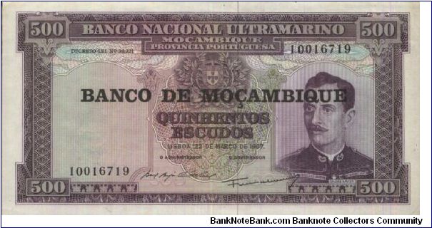 500 Escudos Dated 22 March 1967.Banco National Ultramarino.(O)Caldas Xavier(R)Mocambique Symbol.Printed By Bradbury,Wilkinson & Company Limited,England. Banknote