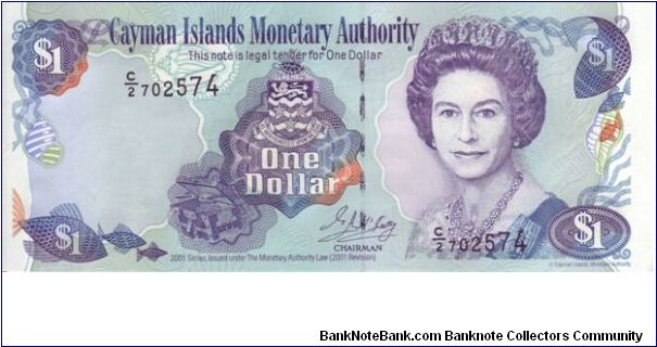 Cayman Islands, $1 note, 2001

Countinuing with a similar theme with most carribean notes bearing Queen Elizabeth the seconds portrait, showing beautiful sealife Banknote