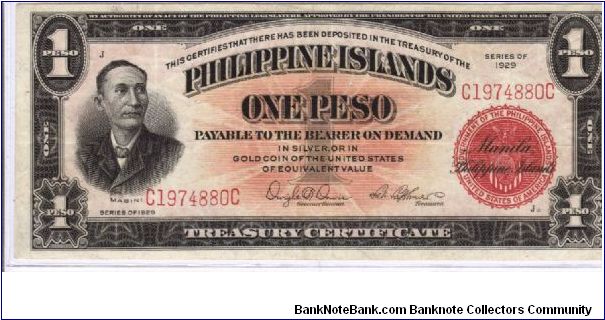 PI-73a Rare Philippine Islands 1 Peso note. Banknote