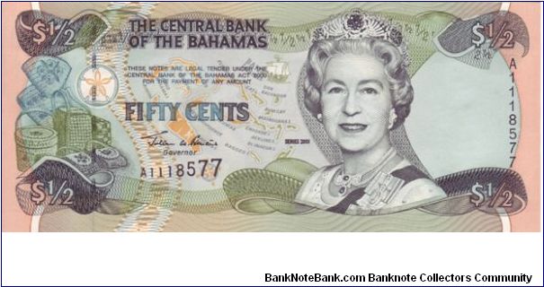 Bahamas 50c note, this is the 200 issue which has seen a change in Queen Elizabeth II portrait and a change in colours but the overall design remains the same Banknote