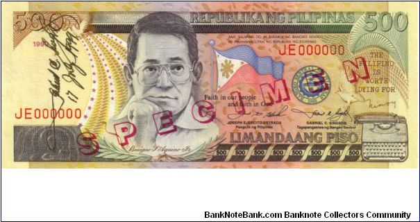 DATED SERIES 59S1 1999 (Autographed By BSP Governor G.C.Singson) Estrada-Singson JE000000 (Specimen) Banknote
