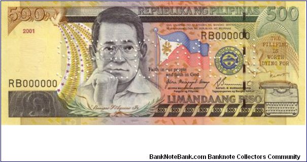 DATED SERIES 60S1 2001 Perforated Arroyo-Buenaventura RB000000 (Specimen) Banknote