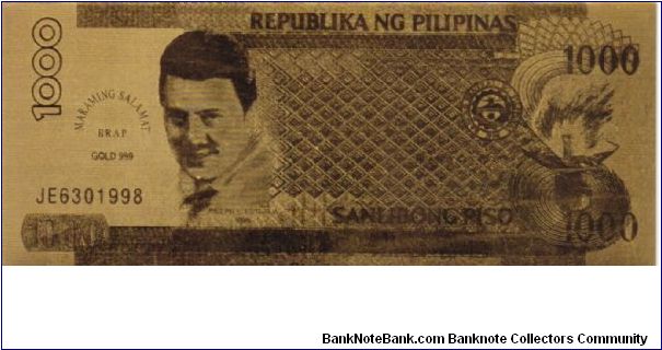DATED SERIES 63 1998 (Special Presentation Gold Banknote in BSP Folder) Estrada-Singson  JE6301998 Banknote