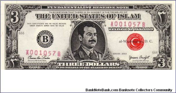 POLITICAL Anti-Saddam Hussein $3 (Reverse..Wilderness) Limited Edition by Stephen Barnwell Banknote