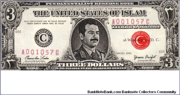 POLITICAL Anti-Saddam Hussein $3 (Reverse..Washington) Limited Edition by Stephen Barnwell Banknote
