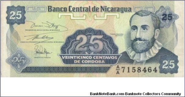 AA Series 25 Centavos No:AA7158464 Dated 1991,Banco Central De Nicaragua(O)F.H. De Cordoba(R) Flower.Printed By Horrison & Sons Limited. Banknote