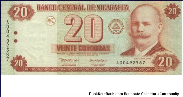 A Series 20 Cordobas No:A00492567 Dated 2002,Banco Central De Nicaragua(O) Jose Santos Zelaya(R)Ships & Palm Trees. Banknote