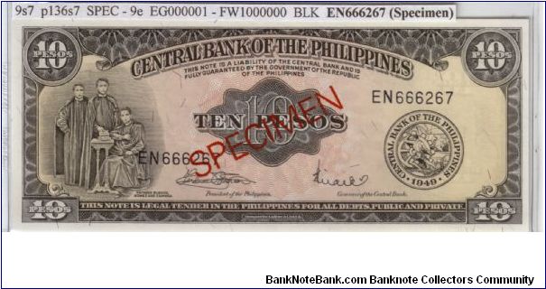 ENGLISH SERIES SPECIMEN 10 peso 8S6 (p135s5) Marcos-Licaros FE666067 (Specimen) Banknote