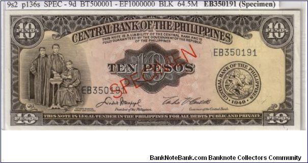 ENGLISH SERIES SPECIMEN 10 peso 9S6(pN/L) Macapagal-Castillo EB350191 (Specimen) Banknote