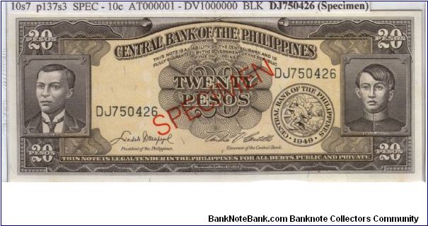 ENGLISH SERIES SPECIMEN 20 peso 10S3 (p137s3) Macapagal-Castillo DJ750426 (Specimen) Banknote
