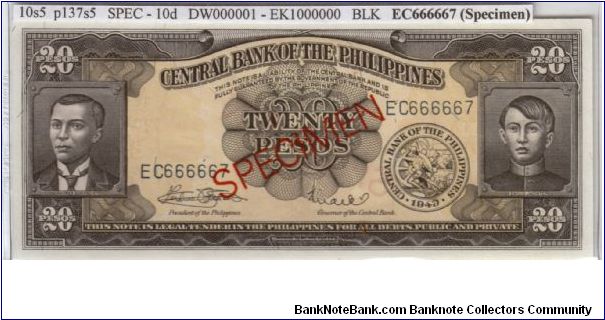 ENGLISH SERIES SPECIMEN 20 peso 10S5 (p137s5) Marcos-Licaros EC666667 (Specimen) Banknote