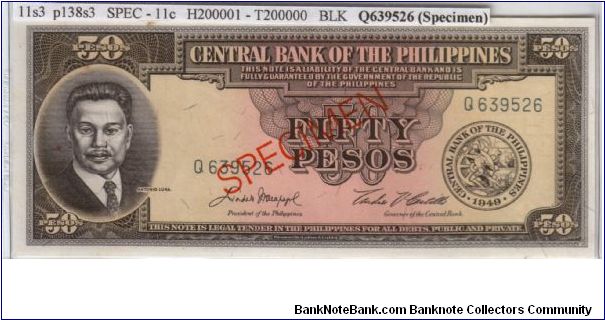 ENGLISH SERIES SPECIMEN 50 peso 11S3 (p138s3) Macapagal-Castillo Q629526 (Specimen) Banknote