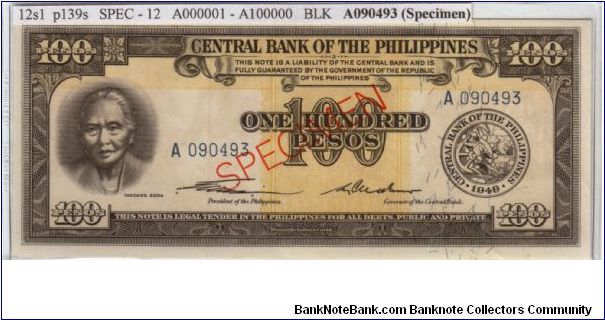 ENGLISH SERIES SPECIMEN 100 peso 12S6 (p139s) Quirino-Cuaderno A070805 (Specimen) Banknote