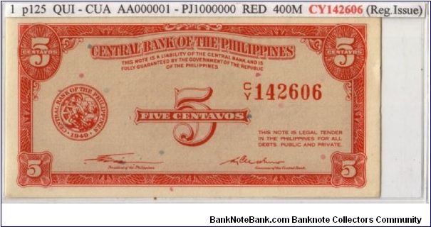 ENGLISH SERIES 5c 1 (p125) Quirino-Cuaderno C/Y142606 Banknote
