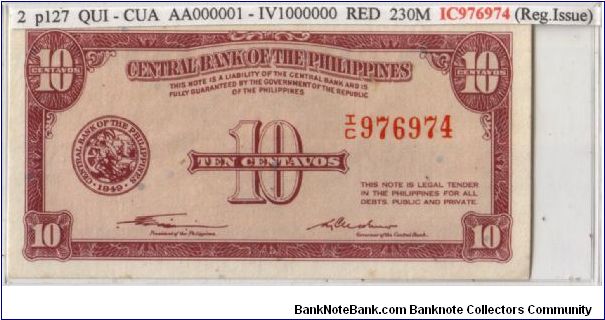 ENGLISH SERIES 10c 2 (p127) Quirino-Cuaderno I/C976974 Banknote