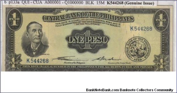 ENGLISH SERIES 1 Peso 6 (p133a) Quirino-Cuaderno K544268 GENUINE Banknote
