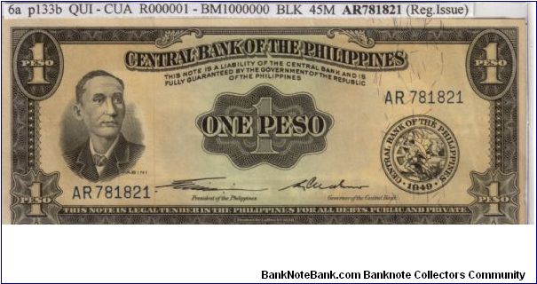 ENGLISH SERIES 1 Peso 6a (p133b) Quirino-Cuaderno AR781821 Banknote