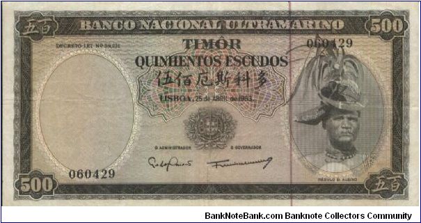 100 Escudos Dated 25 April 1963,Banco Nacional Ultramarino
Obverse:R.D.AleixoReverse:Arms
Watermark:Portrait of R.D.Aleixo Banknote