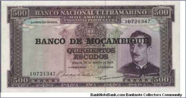 500 Escudos Dated 22 March 1967,Banco Nacional Ultramarino
Obverse:C.Xavier 
Reverse:Arms
Watermark:portrait Banknote