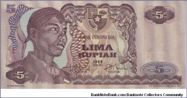5 Rupiah Dated 1968,Bank Indonesia
Obverse:General Soedirman
Reverse:Dam Construction
Watermark:Garuda Pancasila
Security Thread:Yes
Size:132x67mm Banknote