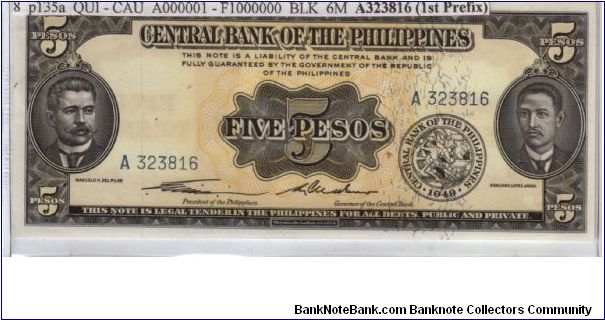 ENGLISH SERIES 5 Peso 8 (p135a) Quirino-Cuaderno A323816 (1st Prefix) Banknote