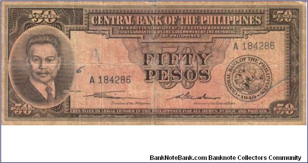 ENGLISH SERIES 50 Peso 11 (p138a) Quirino-Cuaderno A184286 ...A rare Philippine note, in any condition. Banknote