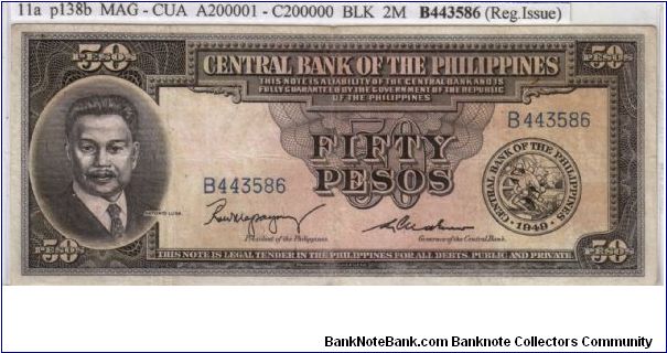ENGLISH SERIES 50 Peso 11a (p138b) Magsaysay-Cuaderno B443586 Banknote