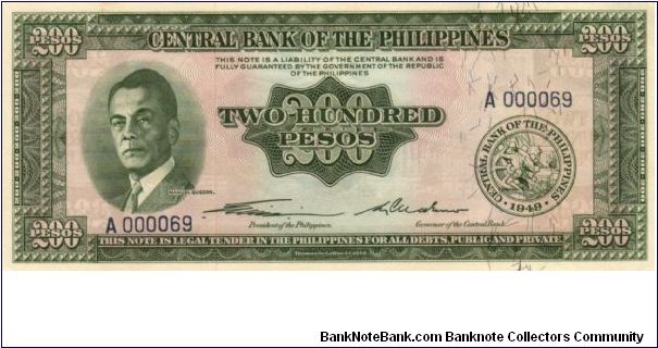 ENGLISH SERIES 200 Peso 13 (p140a) Quirino-Cuaderno A000069 (One of my favourite Serial #'s) Banknote
