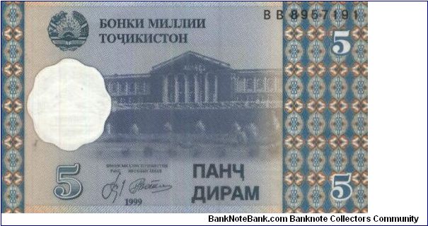 5 Dirams 
Dated 1999,
National Bank of Tajikistan
Obverse:Building
Reserve:Monument
Watermark:Yes Banknote