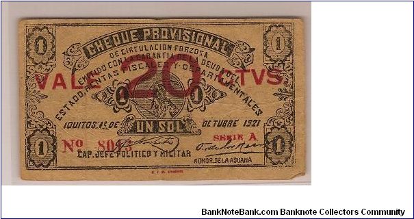 Cheque Provisional 20 ctvs-1 Sol 1921 Banknote